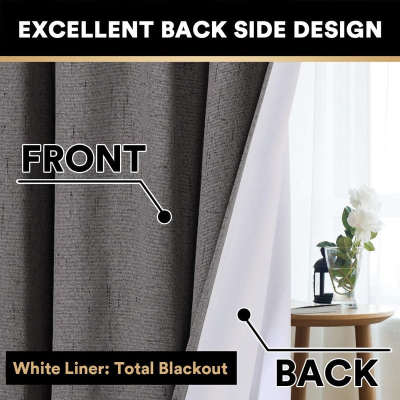PrinceDeco 100% Blackout Curtains Primitive Linen Textured Curtain Drapes for Bedroom Full Light Blocking Window Curtains Draperies for Living Burlap Fabric Soft with White Liner (52"W x 95"L, Grey) - Image 5